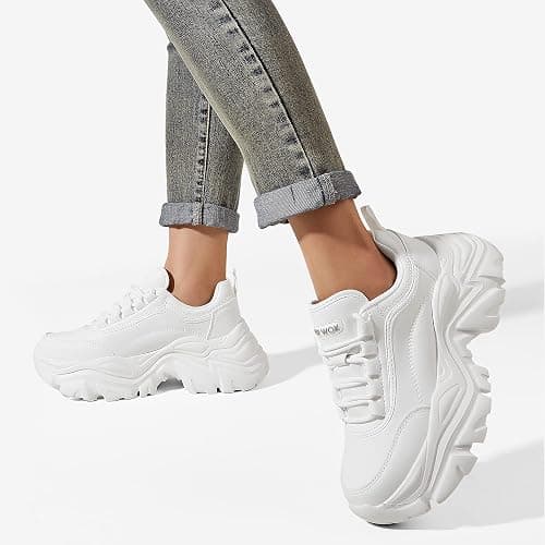 K KIP WOK Chunky Sneakers for Women Fashion Platform White Leather Casual Dad Shoes Comfortable Wedge Walking Sport Sneakers thumbnail 2