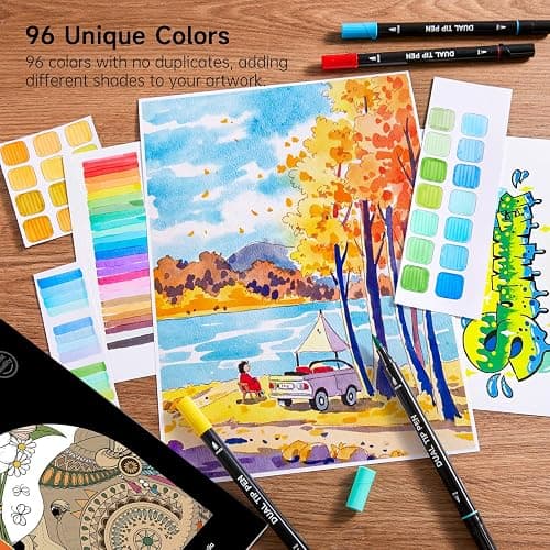 Shuttle Art Dual Tip Brush Pens, 96 Colours Fine and Brush Tip Markers Set with Pen Holder & 1 Colouring Book, Felt Tip Colouring Pens for Adults and Children Colouring Calligraphy Journal Doodling thumbnail 6