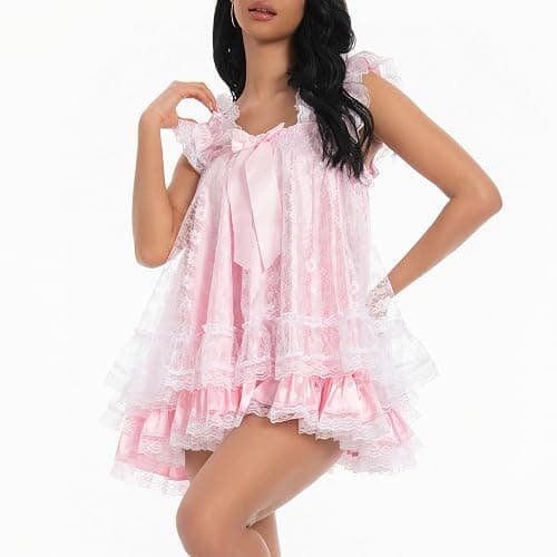 Satini Lingerie Satin Sissy Babydoll Ruffles Frilly Lace Nightie Negligee Cosplay Nightwear Dress thumbnail 2