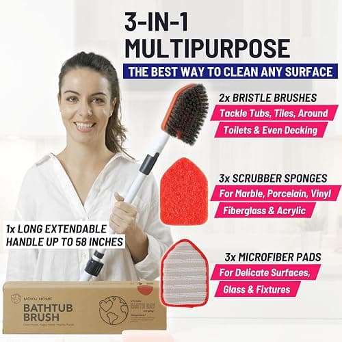 Moku Home Shower Scrubber 3 in 1 Extendable Long Handle 58" Cleaning Brush Bundle Value Pack - Non Scratch Shower Brush for Cleaning Bathroom Kitchen Toilet Wall Tub Tile Sink with 8 Refills (Red) thumbnail 2