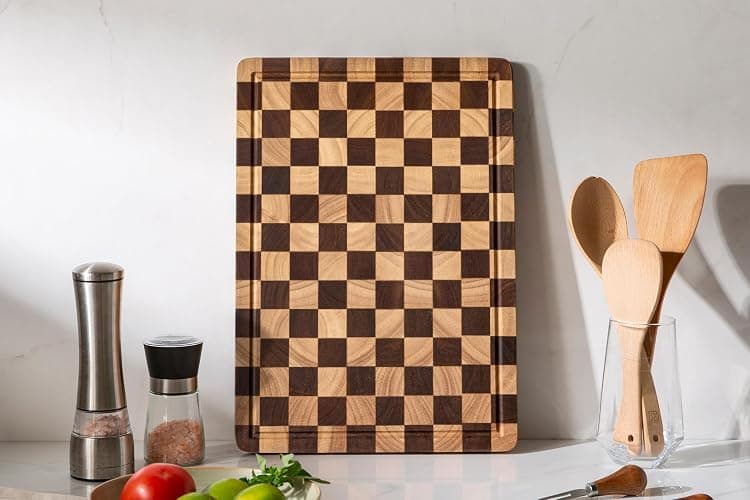 THETCHRY Cutting Boards for Kitchen, Checkered Cutting Board Upgraded, Acacia Wood Chopping Board with Juice Grooves & Handles, Large Butcher Block Serving Tray with Gift Box, 16.5" x 11.6" x 0.8" thumbnail 7
