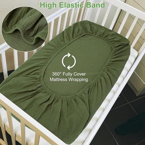 PET REJOIR Muslin Fitted Crib Sheets for Girls & Boys-2 Pack 28"x 52" Soft Baby Mattress Sheet-No Slip Boho Neutral Breathable Toddler Cotton Bedding Olive Green & Beige | Muslin, 2 Pack, 28"x 52", Soft, Boho Neutral, Breathable, Toddler Cotton Bedding, Olive Green & Beige thumbnail 5