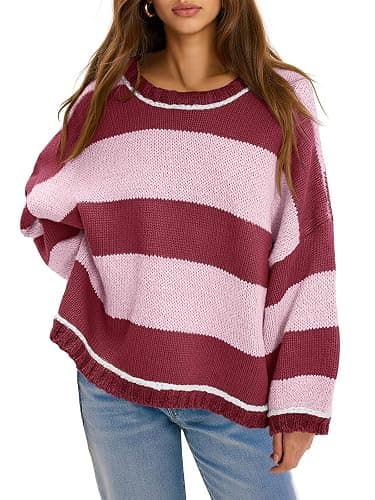 Fisoew Womens Oversized Sweaters Casual Long Sleeve Striped Color Block Crewneck Knitted Loose Fall Pullover Tops - Image 1