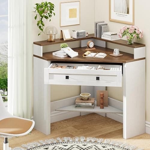Corner Desk, Triangle Computer Desk Home Office Workstation with Drawer and Monitor Stand for Small Spaces Farmhouse Corner Vanity Table for Bedroom Study, Living Room (Rustic White and Brown) thumbnail 7