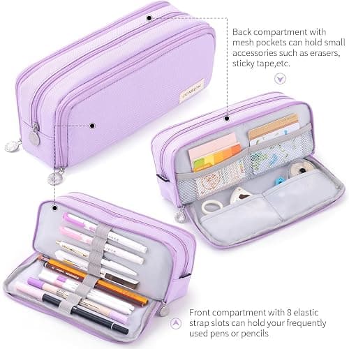 CICIMELON Large Capacity Pencil Case 3 Compartment Pouch Pen Bag for School Teen Girl Boy Men Women (Purple) thumbnail 6