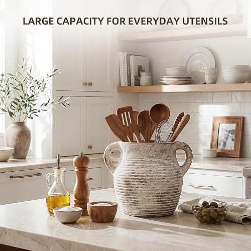 CWFutwell Rustic Utensil Holder for Kitchen Counter - Large Ceramic Farmhouse Cooking Utensil Crock & Organizer for Spatula, Spoon - Vintage Kitchen Decor (Taupe) thumbnail 2