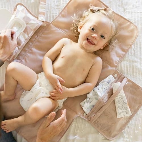 Tiny Twinkle Portable Diaper Changing Pad | Waterproof, Wipeable & Compact Baby Changing Pad for Travel | Smart Wipes Pocket & Organized Storage| Newborn Shower Gift (Beige Checkers) thumbnail 5