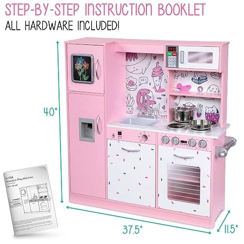 Lil' Jumbl Kids Kitchen Set, Pretend Wooden Play Kitchen, Battery Operated Icemaker & Microwave with Realistic Sound, Pots & Pan Included - Pink - Regular - Pink 2 thumbnail 2