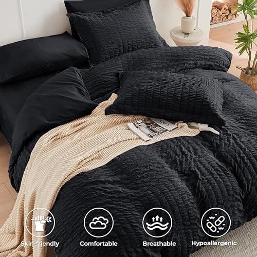 HYMOKEGE Black Full Size Comforter Sets Seersucker 7 Pieces, All Season Luxury Bed in a Bag for Bedroom, Bedding Set with Comforters, Sheets, Pillowcases & Shams thumbnail 3