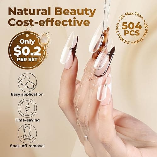 UNA GELLA Long Stiletto Gel Nail Tips 504PCS, Full Cover Pre-Etched | Long Almond Nails Tips, Sturdy Clear Stiletto Press on Nails, No C Curve Soft Gel Tip for DIY Nail Extension 12 Sizes thumbnail 6