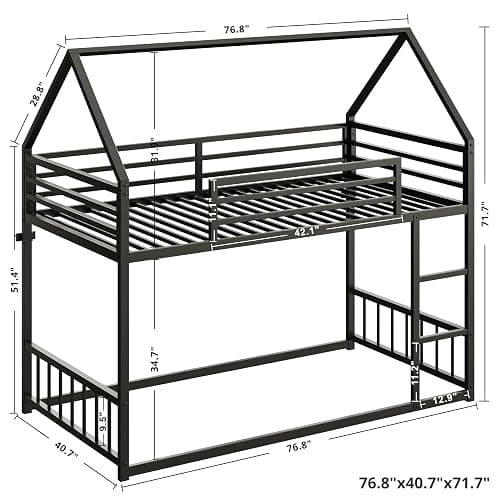 LIKIMIO Bunk Bed Twin Over Twin, House Bunk Bed Frame with Ladder and Guardrail, House Shaped with Metal Slats for Dormitory and Bedroom, Space Saving, No Box Spring Needed, Black thumbnail 2