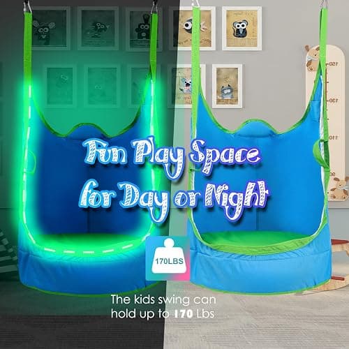 Upgraded Kids Pod Swing Chair,Child Hanging Hammock Chair with Led Lights,900D Oxford Cloth Pod Swing Seat for Indoor and Outdoor with All Accessories (Blue) thumbnail 3