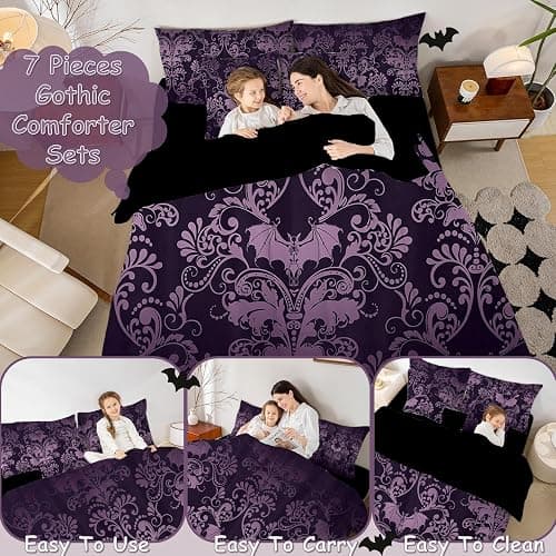 Erosebridal Gothic Damask Bed in a Bag Queen Comforter Set 7 Piece,Halloween Bat Bedding Sets Purple Victorian Floral Goth Sheet Set with Comforter thumbnail 3