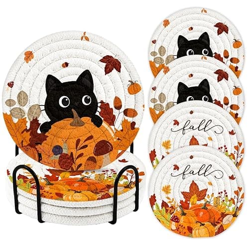 Kokaaee 4pc Braided Cotton Coasters Set, Fall Cat & Pumpkin Decor | 4.3",Absorbent,Heat-Resistant,with Holder,Woven Cloth Fabric,for Drinks Coffee Home Office Party Desk Table - Image 1