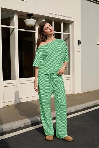 Ythomm Striped Pajama Sets Womens Two Piece Lounge Outfits Short Sleeve Off Shoulder Shirts Drawstring Pants Matching Pj Sets thumbnail 6
