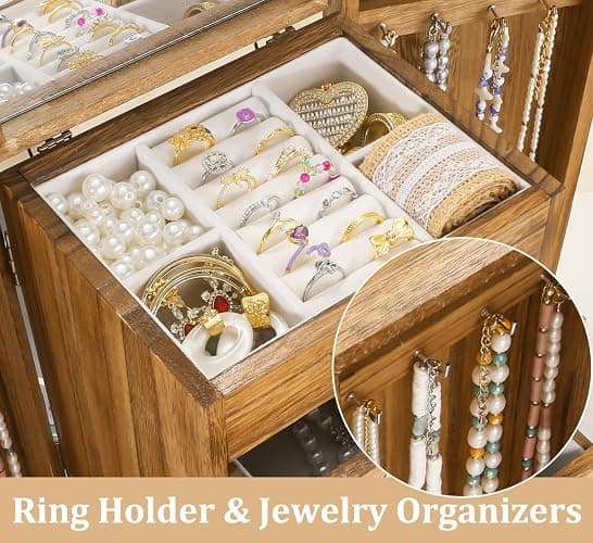 Jewelry Organizer, Rattan Jewelry Box, 5 Layer Wooden Jewelry Organizer Box with Mirror, Jewelry Boxes with 4 Drawers for Women Men, Jewelry Storage for Rings Earrings Necklaces Bracelets Watch thumbnail 5