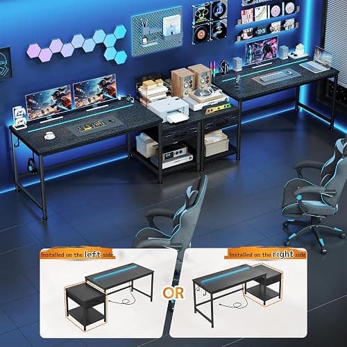 DurayLoly Gaming Desk 56 Inch with LED Lights and Power Outlets,Reversible Computer Desk with Drawers and Shelf,Gaming Table with Hooks for Headphone,Bags,Black Desk for Bedroom,Dorm,Black thumbnail 9