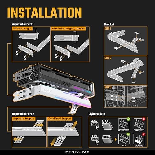 EZDIY-FAB 5V ARGB GPU Holder Brace Graphics Card GPU Support Video Card Holder Bracket, Strenchable Structure, Video Card Sag Holder/Holster Bracket Support RX7990XTX, RTX4090, White-341-1 thumbnail 6