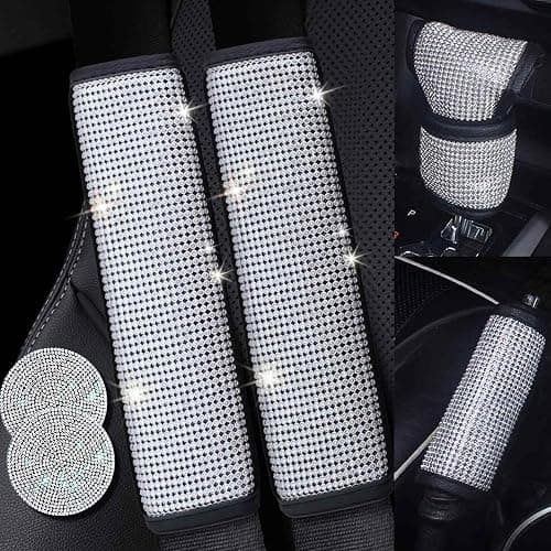 4PCS White Bling Car Seatbelt Strap Covers with Shift Gear Knob Cover & Handbrake Cove for Women Girls - Crystal Rhinestone Velvet Shoulder Pad Protector - Diamond Shine Safety Shoulder Pad - Image 1