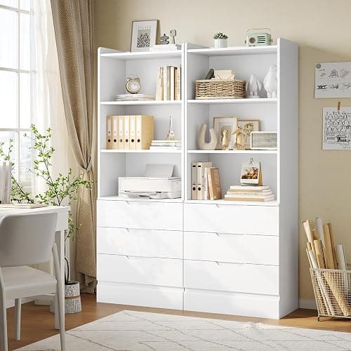 DICTAC 73.23'' Tall Storage Cabinet Bookcase with 3 Drawers and 3-Tier Open Shelves Wooden Bookshelf Kitchen Pantry Storage Organizer Cabinets for Living Room, Study, Kitchen,Bathroom,White thumbnail 4