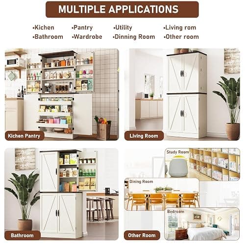 Farmhouse Kitchen Pantry Cabinet with 3 Drawers,71" Tall Rustic Wood Storage Cabinet with 6 Door Shelves,with Load-Bearing Steel Pipe,Pantry Organizers for Kitchen,Dining Room(Rustic Off White) thumbnail 6