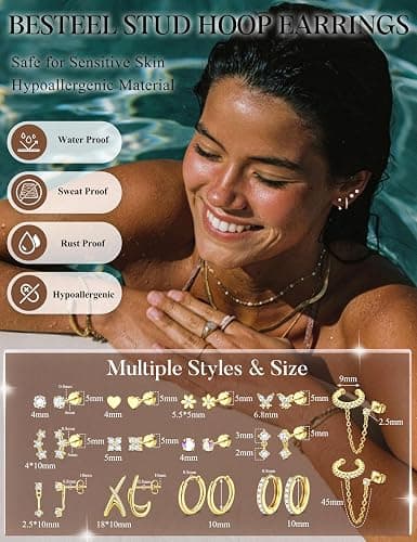 Besteel Hypoallergenic Flat Back Earrings for Women - 14K Gold Plated Cartilage Earring Stacks 20G Surgical Stainless Steel Flatback Stud Hoop Earring Set Conch Tragus Helix Piercing Jewelry thumbnail 4