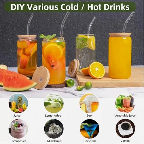 Siocok 500ml Can Shaped Glass Cups Set, Drinking Glasses with Bamboo Lids and Glass Straw, Reusable Can Shaped Cups Set,for Smoothies, Beer, Cola, Juice, Soda,Cocktail, Milk thumbnail 6