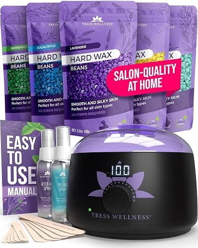 Tress Wellness Award Winning Waxing Kit for Sensitive Skin, Safe for Face & Skin, Easy to Use, At-Home Kit for Face, Bikini, Brazilian & Full Body - Digital Display, Black Purple Flower - Image 1