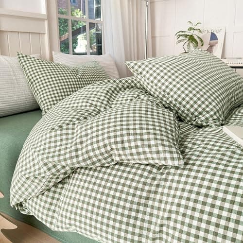 LifeTB Green Gingham Comforter Set Full Size Boho Plaid Checkered Pattern Comforter Geometric Grid Plaid Printed Bedding Comforter Set with 2 Pillowcases Fluffy Soft Gingham Bedding Set Full Size thumbnail 6