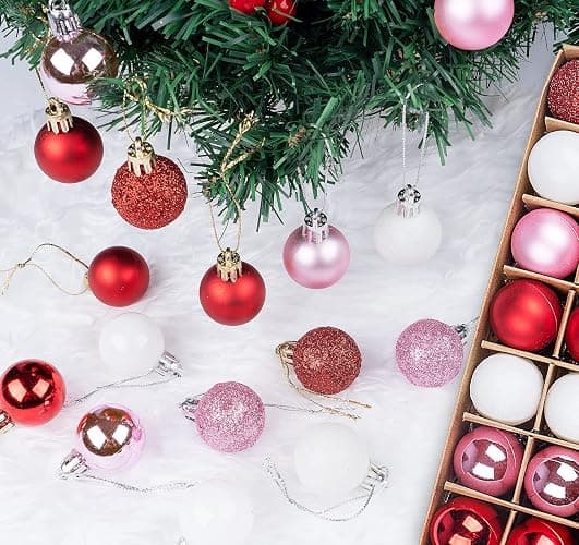 Mini Christmas Ornaments, 54 Pcs 1.2 Inch Pink/Red/White Glitter Christmas Tree Ornaments Hanging Balls, Small Shatterproof Plastic Decorative Ornaments Baubles for Xmas Tree Party Indoor Decor thumbnail 2