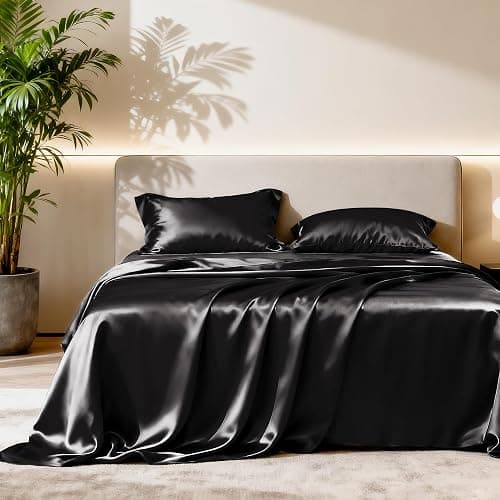 Love's cabin Satin King Sheet Sets - 4 Piece Black Silky Sheets King Size Bed Set with Deep Pocket, Luxury Silk Feel King Size Satin Sheet Set (1 Flat Sheet,1 Fitted Sheet,2 Pillow Cases) thumbnail 2
