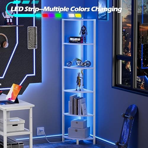 Furnulem 6 Tier Corner Shelf with LED Light, 67.5” Tall Standing Shelf Organizer, White Narrow Bookshelf with Storage Rack for Wall Corner, Living Room, Bedroom, Metal Frame, Wood Display Shelf thumbnail 5