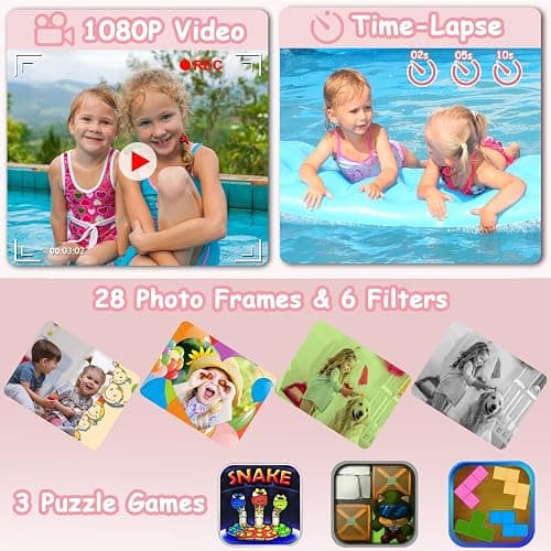 Agoigo Kids Waterproof Camera - Children Underwater HD Video Digital Camcorder, Portable Travel Toy for Toddler - Ideal Christmas Birthday Gifts for Boys Girls Age 3-12 with 32GB Card (Pink) thumbnail 6