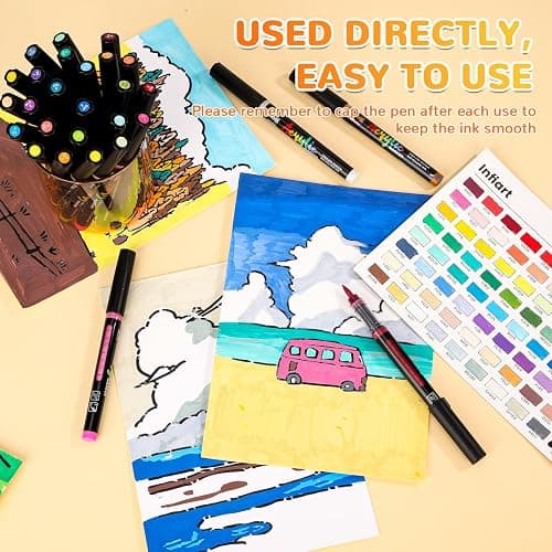 Infiart 120 Colors Acrylic Paint Markers Brush Tip, Automatic Ink Control Acrylic Paint Pens Waterproof Acrylic Markers Set for Holiday Decorations, Stone, Wood, Glass, DIY & Art Supplies thumbnail 10