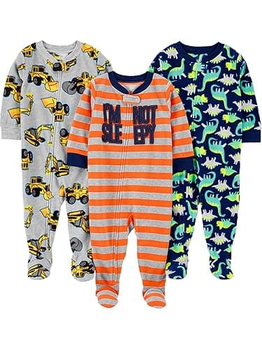 Simple Joys by Carter's Toddlers and Baby Boys' Loose-Fit Flame Resistant Fleece Footed Pajamas, Pack of 3 - 2T - Grey Construction/Navy Dinosaur/Orange Stripe