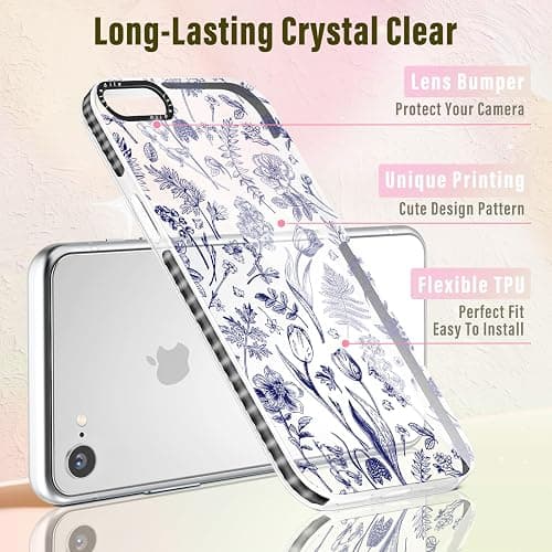 Lotadilo Cute Case for iPhone 6/6S/7/8/SE(2020/2022) - for Women Girls Kawaii Funny Design Fun Aesthetic Blue Line Flower Fashion Girly for Teens Pattern TPU Bumper Phone Covers thumbnail 3
