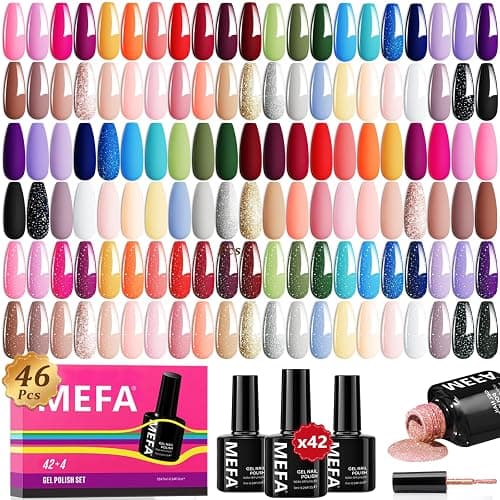 MEFA 46 Pcs Gel Nail Polish Set, 42 Colors All Seasons Gel Polish Set Colorful Begginer Kit Kit with Base Coat & Glossy/Matte Top Coat, Nail Art Manicure Salon DIY Gifts for Girls - Image 1