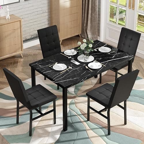 Hooseng Kitchen Table Set 5 Piece Dining Room Table Set Marble Dining Table 4 Chair Dining Table Set for Kitchen Living Room Breakfast Small Spaces (Black) thumbnail 7