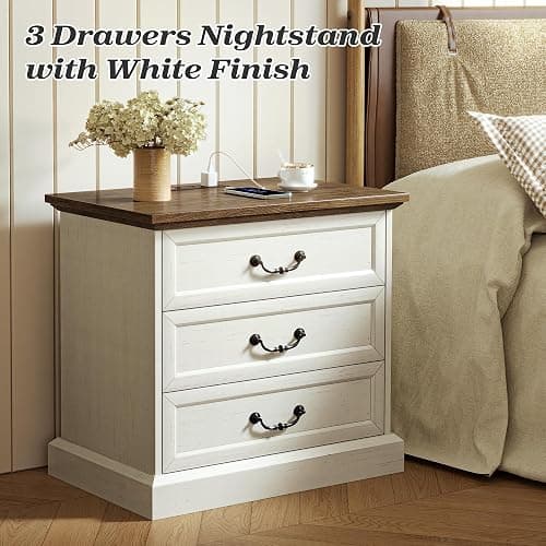 Huuger Nightstand with Charging Station, 3 Drawer Night Stand, 22 Inch Wider Side Table with Storage, Farmhouse Nightstand with Vintage Handles, Thicken Base, for Bedroom, Distressed White thumbnail 3