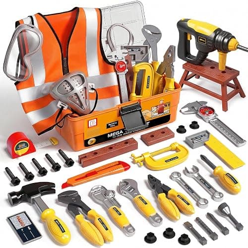 Deejoy Kids Tool Set with Electronic Toy Drill & Construction Vest - Pretend Play Toys for 3 4 5 6 Year Old Boys, ABS Plastic Repair Toolkit with Large Storage Box(Orange) - Image 1