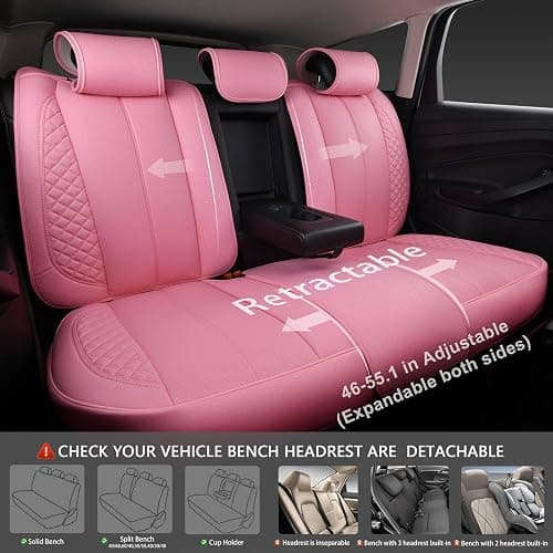 CAR PASS Nappa Pink PU Leather Car Seat Covers Full Set Cute for Women Waterproof Cushioned,Universal Fit for Sedan SUV Pick-up Truck,Automotive, Anti-Slip Front and Backseat Luxury Premium (Pink) thumbnail 6