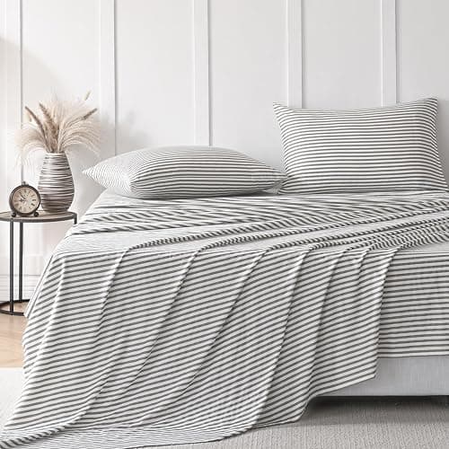 JELLYMONI 100% Cotton Bed Sheets Set – Grey and White Stripes, King Size, Soft Bedding with Deep Pocket Fitted Sheet, Flat Sheet & Pillowcases - Image 1