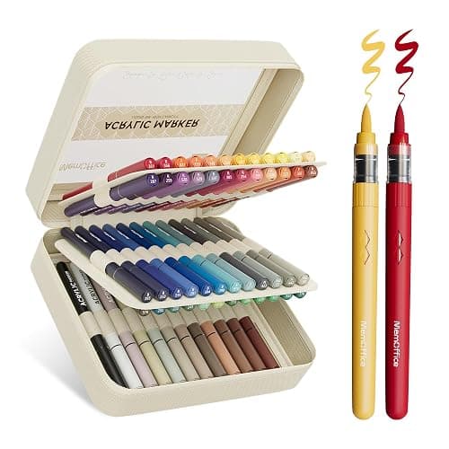 MemOffice Direct Liquid Acrylic Paint Markers, 60 Colors Brush Tip Pens with Carrying Case, No Bleed, Waterproof, for Rock, Wood, Canvas, Glass, Fabric, DIY Crafts for Adults - Image 1