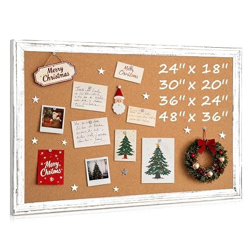 QUEENLINK Cork Board Bulletin Board, 36" x 24" Corkboard for Wall, Rustic White Wooden Frame, Hanging Pin Board for Home & Office Decor, 10 Push Pins - Image 1