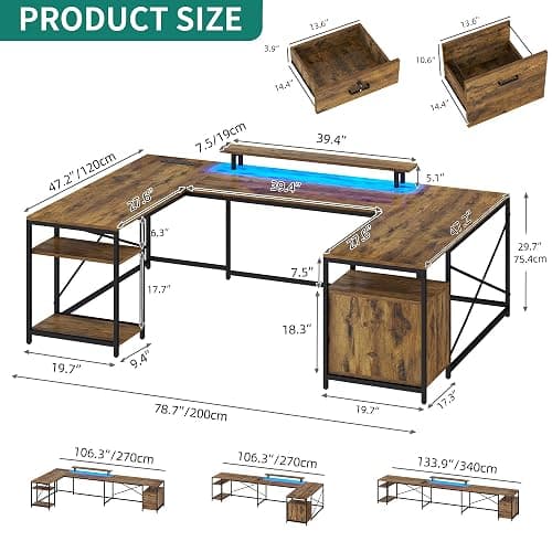 YITAHOME U Shaped Desk with Power Outlets & LED Lights, 79" Reversible L Shaped Desk with Drawers, Corner Computer Desk Office Desk with Monitor Stand & Storage Shelves, Rustic Brown thumbnail 2