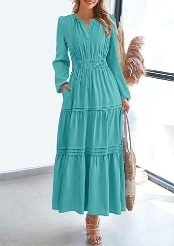 PRETTYGARDEN Women's 2025 Elegant Maxi Dresses Long Sleeve V Neck Flowy Pockets Casual Modest Dress Fall Fashion Clothes thumbnail 2
