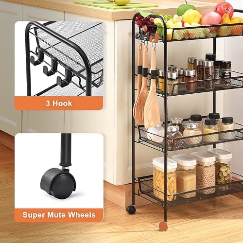 TOOLF 4-Tier Rolling Cart, Metal Utility Cart with 3 Hooks, Easy Assemble Mobile Storage Trolley On Wheels, Metal Shelving Units Kitchen Bathroom Laundry Room thumbnail 5