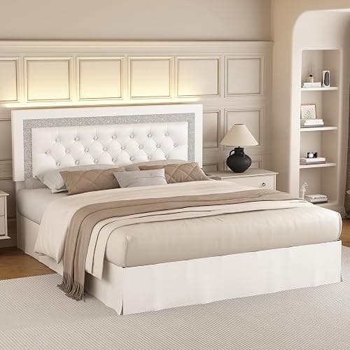 SIBEDS Full Bed Frame with Adjustable Headboard, Upholstered Platform Bedframe with LED Lights and Skirt, Diamond Button Tufted Mattress Foundation with Wooden Slats Support, Easy Assembly, PU White - Image 1