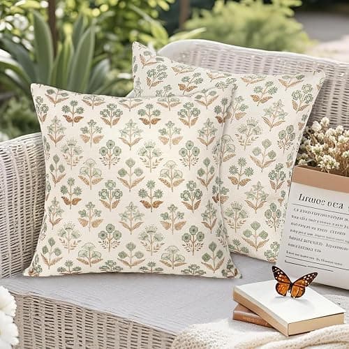 UXORSN 2 Packs Throw Pillow Covers Outdoor Waterproof 18x18 Spring Brown Green Block Print Pillowcase Vintage Floral Cushion Covers Linen Boho Farmhouse Pillow Cases for Garden Bedroom Living Room - Image 1