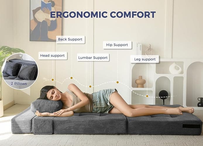 MAXYOYO Convertible Sofa Bed, Fold Out Sofa Couch with Pillow for Adults | Loveseat Sofa 4 in 1 Tufted Folding Couch Bed Foam Floor Couch, Lazy Chair for Living Room Bedroom Guest Room, Dark Grey thumbnail 9